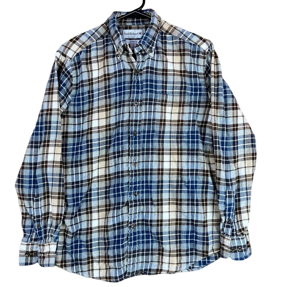 Saddlebred Classic Fit Mens Flannel Blue Brown Tan Gray Plaid 100% Cotton M
